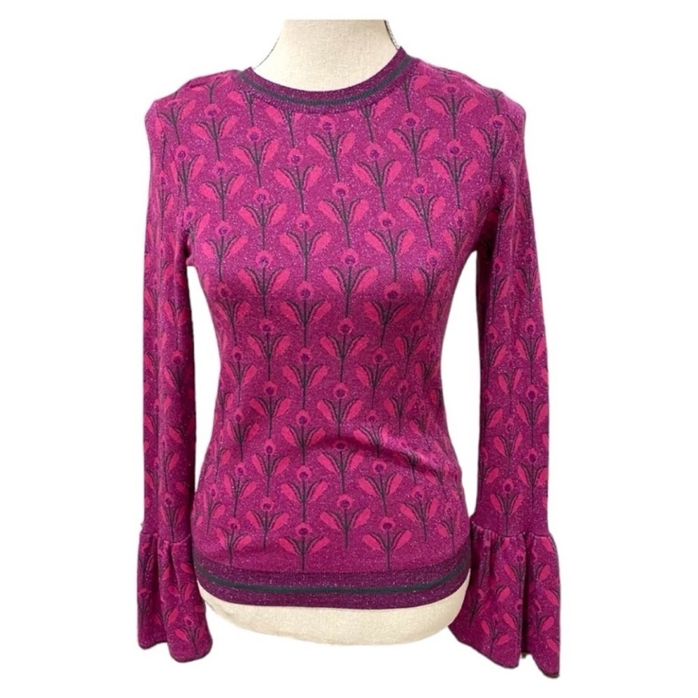 Hallhuber Metallic Shiny Sweater Top Bell Sleeves Floral‎ Print Size XS